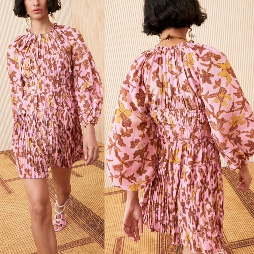 Ulla Johnson Mini Dress Pink Yellow Floral Silk Long‎ Sleeve Formal Pleated 4